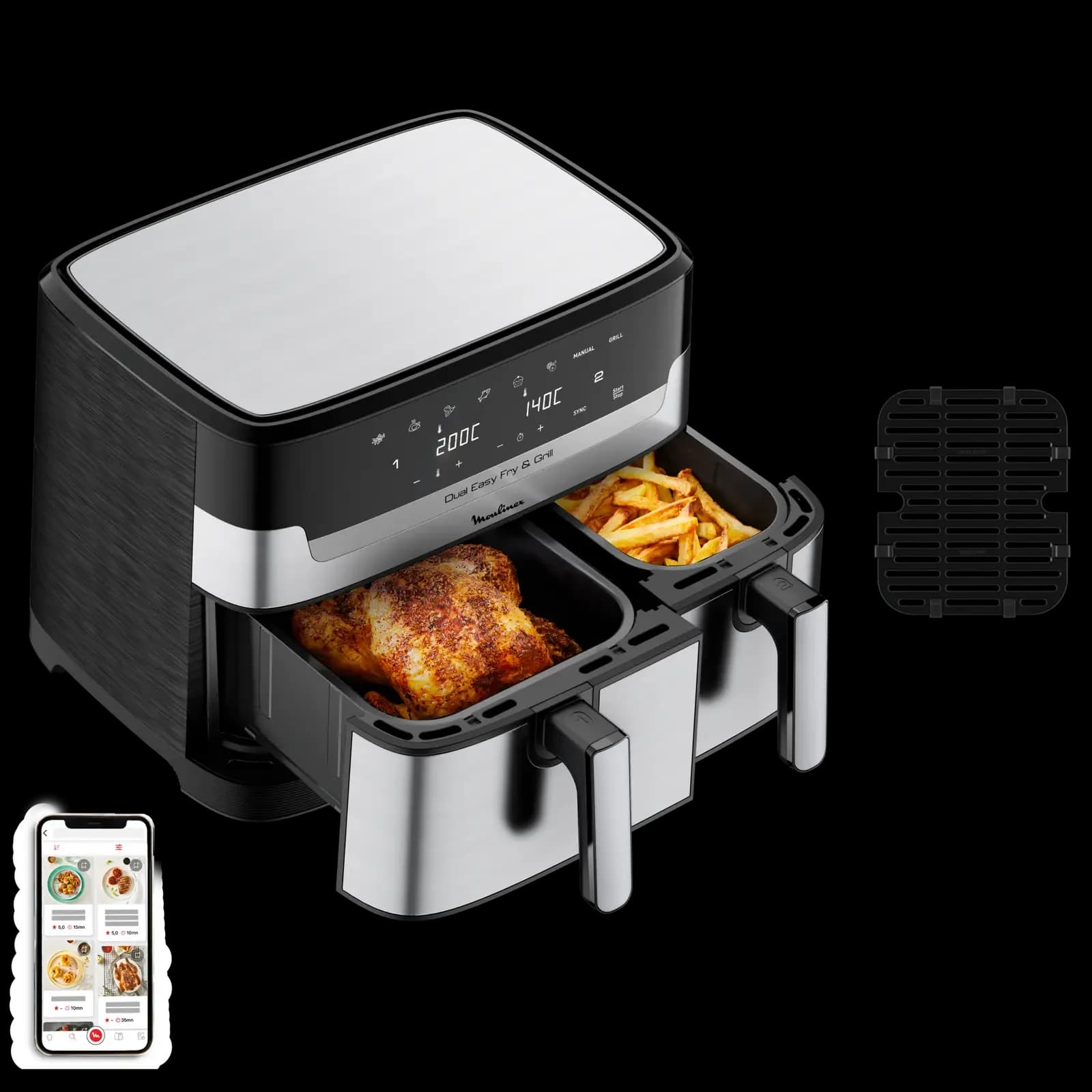 Air Fryer MOULINEX Dual Easy Fry & Grill 8.3L- 8 programmes Inox